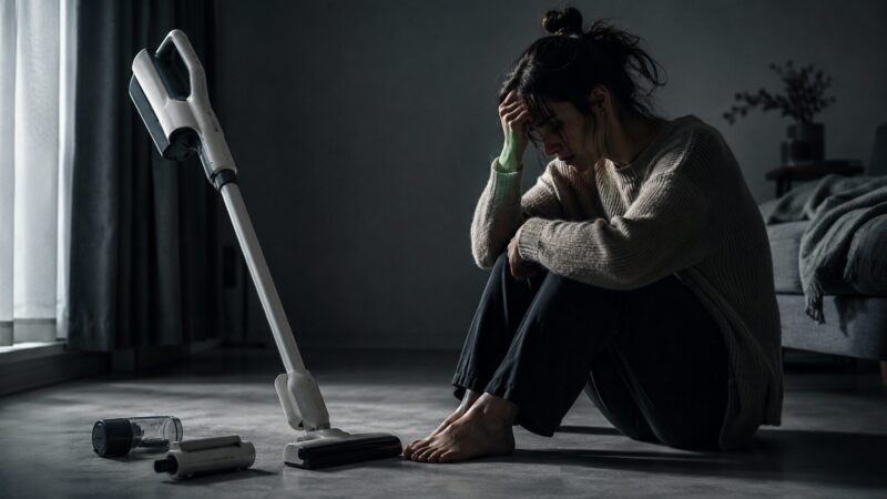コードレス掃除機の前で購入を後悔し悩み込む女性の様子を描いた、東芝トルネオ VC-CLW33のデメリットや口コミレビューをイメージしたシリアスな写真