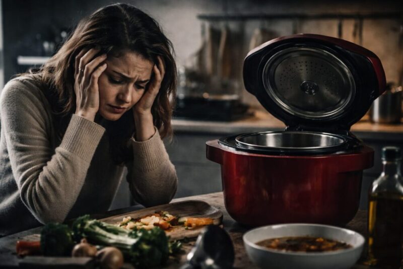 ホットクックを買って後悔し、薄暗いキッチンで頭を抱えて悩む女性の様子
