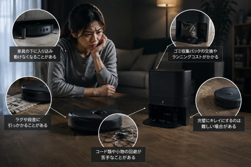 ルンバ Max 775 Comboのデメリットとして、家具下での立ち往生や段差・コードへの引っ掛かり、ゴミ収集バッグ交換などの注意点をイメージしたレビュー用画像