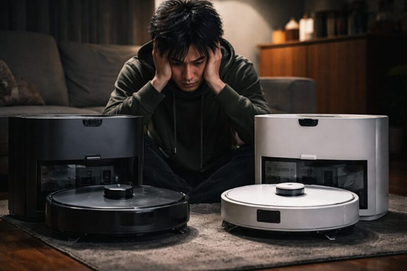 エコバックスT50SとT50の違いでどっちを買うか悩み、ロボット掃除機を前に頭を抱えて比較検討している男性