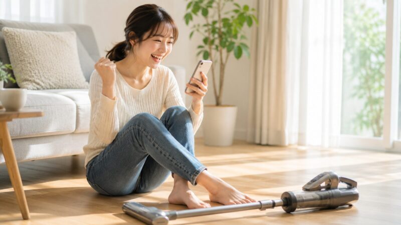 LC156Jの口コミや評判をスマートフォンで確認して満面の笑顔を見せる女性と、一般的なデザインのコードレス掃除機が置かれた明るく清潔なリビングのイメージ写真