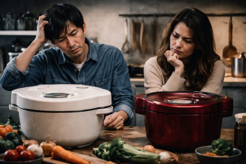 ホットクックの新型と旧型を比較し、価格や機能の違いで購入を迷い悩む夫婦の様子