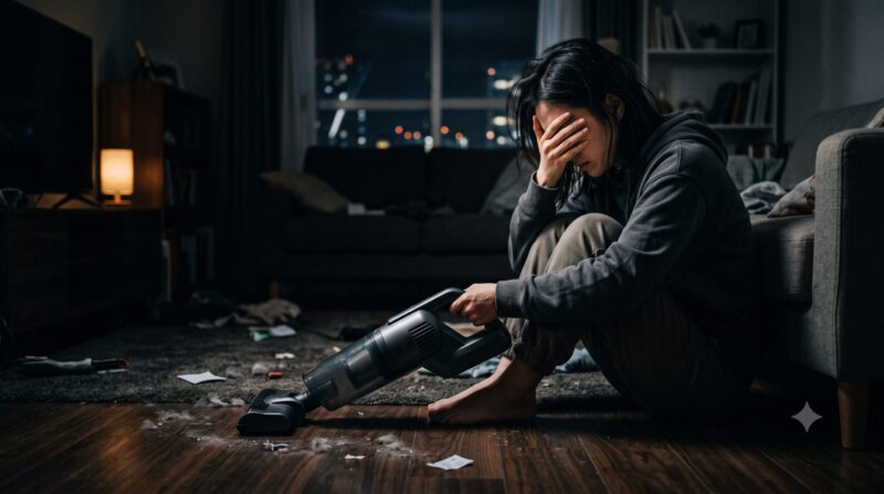 散らかった暗い部屋でコードレス掃除機を手に持ち、掃除の悩みやデメリットに絶望して座り込む女性。