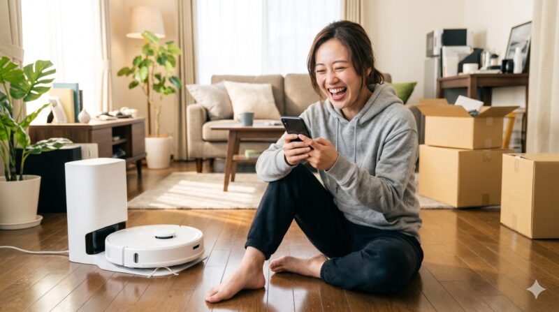 引っ越し後の明るいリビングで、スマートフォンを操作し笑顔で床に座る女性。横にはドック付きのロボット掃除機。