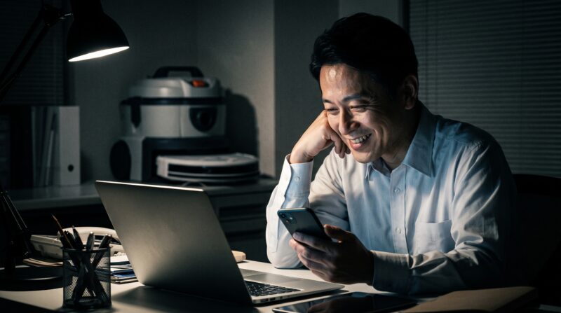 RC300Dの良好な性能に満足し、夜のオフィスで笑顔になる日本人男性。