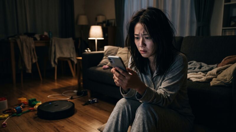 ロボット掃除機Omni S2の口コミをスマホで検索し深刻な表情で悩む日本人女性のドラマチックな写真