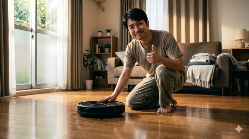 クリーンなリビングルームで、ロボット掃除機を前に笑顔で親指を立てて満足する男性。