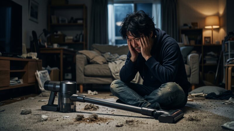 悪い口コミから分かったコードレス掃除機CL280FDのデメリットを前に絶望する男性の画像。
