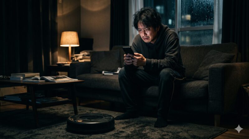 薄暗い部屋でロボット掃除機の口コミや評判をスマートフォンで調べて絶望している男性。