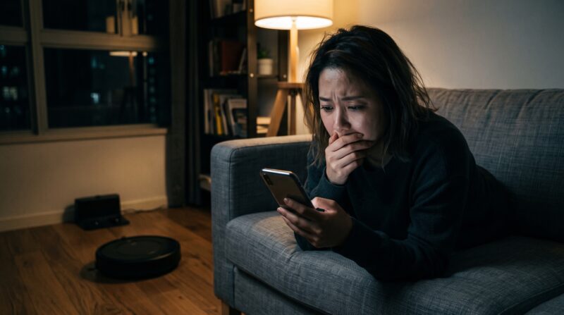 ロボット掃除機6の口コミや評判をスマートフォンで調べ、不安な表情で深刻に悩む女性の様子。