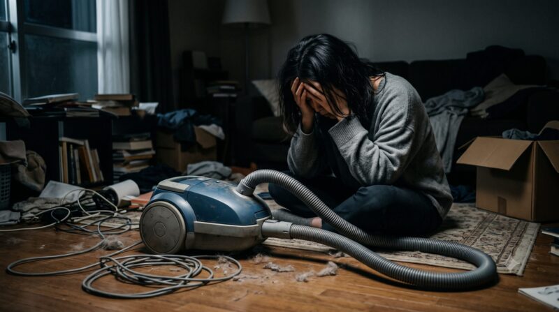 散らかった部屋でキャニスター型掃除機を前に頭を抱えて購入を後悔し絶望している女性の写真