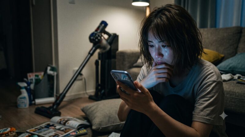 コードレス掃除機の評判をスマホで調べて後悔し絶望する泣いている日本人女性