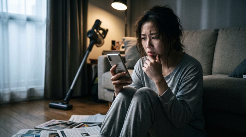 薄暗い部屋で、スマートフォンで掃除機の口コミを見ながら不安げに悩む日本人女性