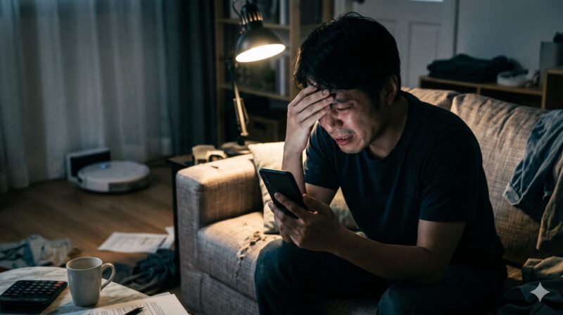 夜のリビングでスマートフォンを手に、絶望的な表情で頭を抱える男性。