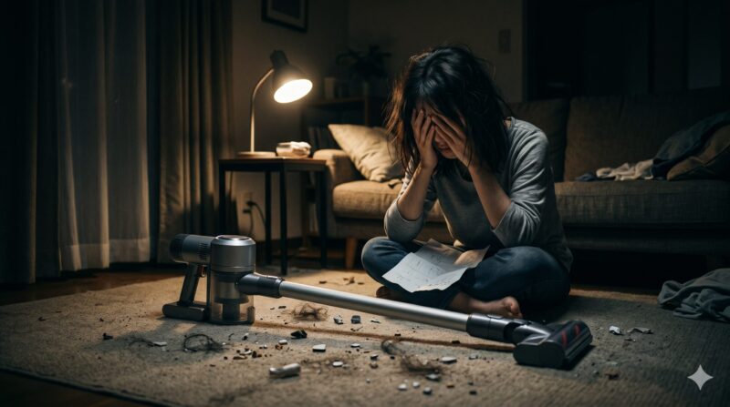 夜、吸い残したゴミが散乱する床に座り、コードレス掃除機を前に顔を覆って絶望する女性。