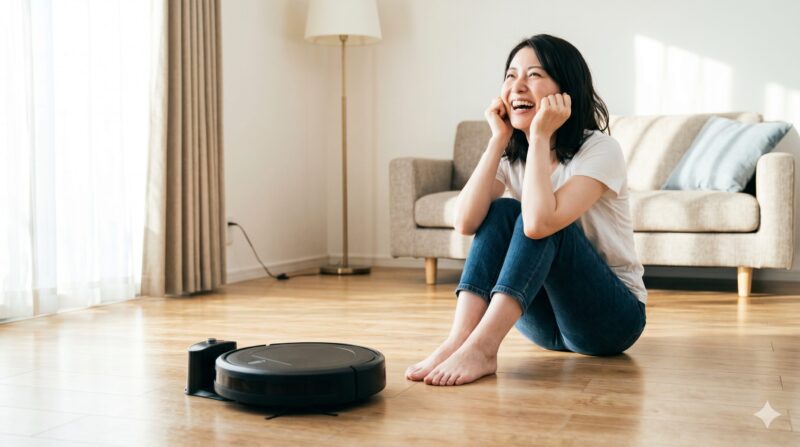 明るいリビングで、ロボット掃除機の横に座り、笑顔で膝を抱える日本人女性