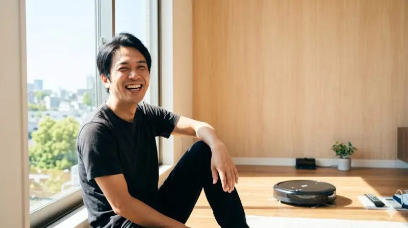 ロボット掃除機のある明るいリビングで、窓際に座り満面の笑みを見せる日本人男性。