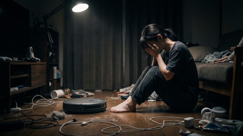 Xiaomiロボット掃除機6 Maxと6の違いを比較する際に、購入を後悔し絶望する日本人女性の画像
