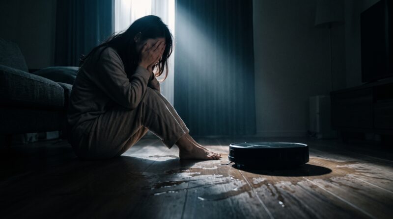 ブラーバジェット 240の悪い口コミによる失敗で、床の汚れを前に絶望し後悔する女性。