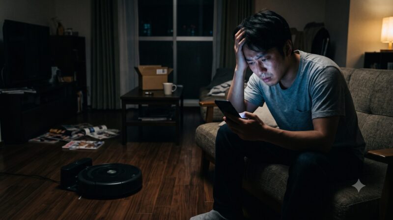 暗い部屋でスマートフォンを操作しながら頭を抱えて悩む男性。散らかった床にはロボット掃除機が置かれている。
