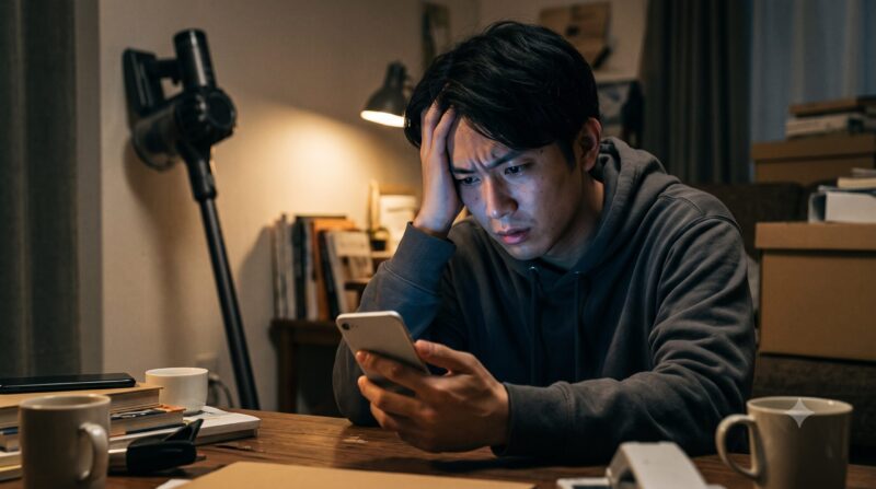 薄暗い部屋で、コードレス掃除機の口コミをスマホで見ながら頭を抱えて悩む男性。