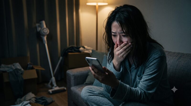 スマートフォンを見てショックを受け、泣き崩れるパジャマ姿の女性。後ろにコードレス掃除機がある夜の部屋。