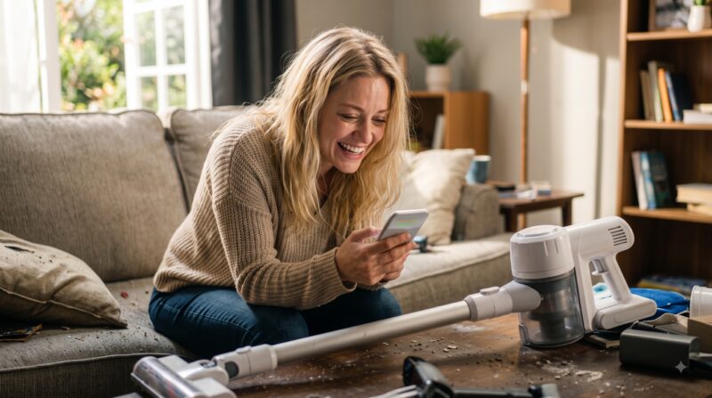 リビングでソファに座りスマートフォンを見ながら笑顔の女性と、手前のテーブルに置かれたコードレス掃除機