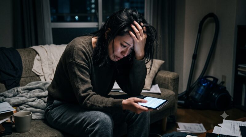 散らかった部屋で床に座り、スマホで掃除機の1つ星レビューを見て絶望する女性。