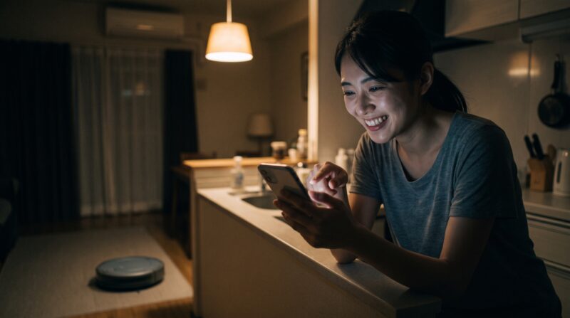 ロボット掃除機Saros 10Rの掃除完了通知を見て、喜ぶ女性の深夜の様子。