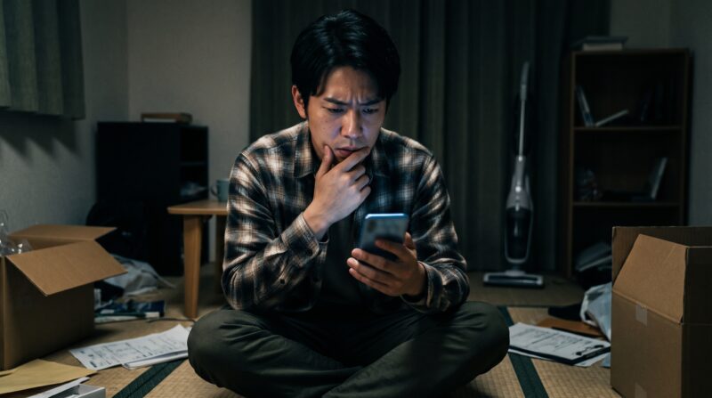 altテキスト: コードレス掃除機 SCD-L4PD の口コミをスマホで調べて深刻な表情を浮かべる男性