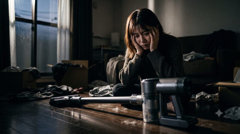 薄暗い部屋でスティック掃除機を前に床に座り込み、頭を抱えて深く悩んでいる女性。