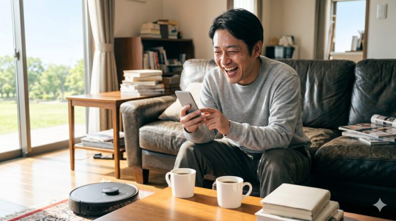 明るいリビングでロボット掃除機が置かれた床の横、ソファに座りスマートフォンを見て思いっきり笑う日本人男性。