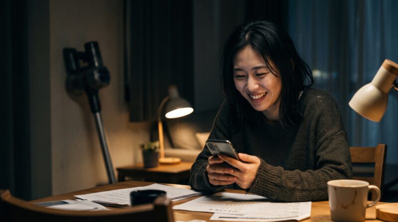 笑顔でスマートフォンを操作する女性と、背景の壁掛けスティック型掃除機。