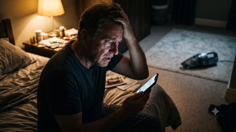 スマホで布団クリーナーの口コミを検索している男性の様子