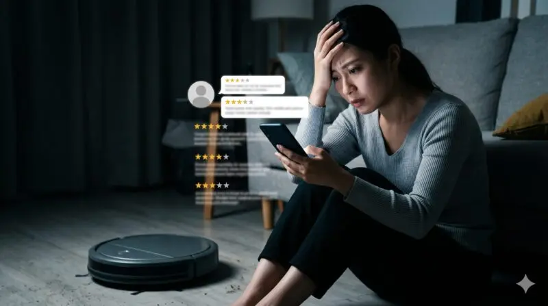暗い部屋でロボット掃除機のリアルな口コミや評判をスマホで調べ、購入を後悔して頭を抱えて悩む女性