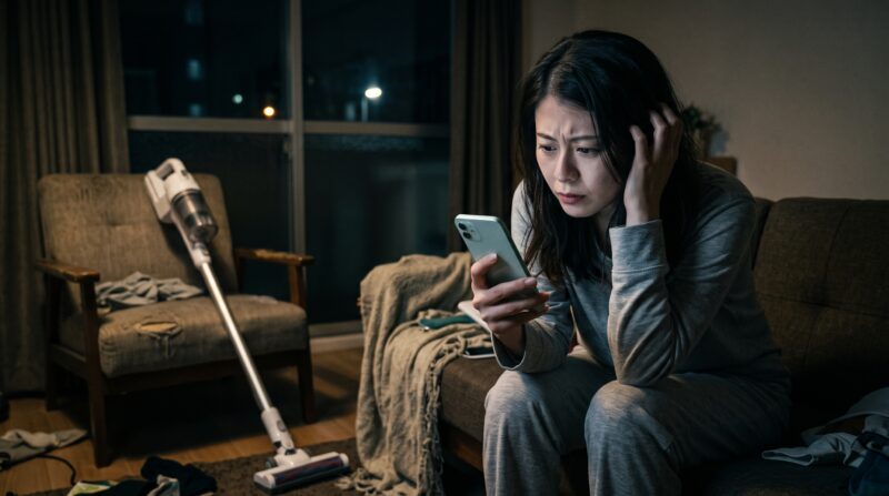 マキタのコードレス掃除機CL287FDとCL286FDの口コミや評判をスマホで調べながら、比較検討に深刻に悩む女性。