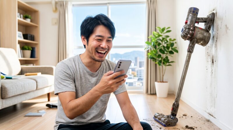 汚れたコードレス掃除機の隣で、スマートフォンを見て大笑いする日本人男性。