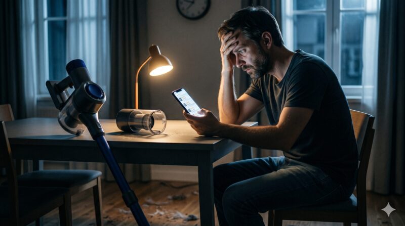 床が散らかった夜の部屋で、コードレス掃除機を前に悩みスマートフォンを見つめる男性。