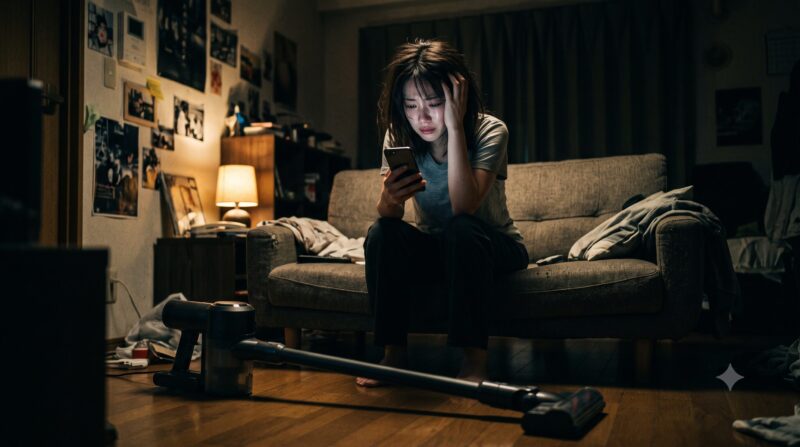 薄暗いリビングで、コードレス掃除機の口コミをスマホで見て、頭を抱えて泣いている日本人女性。