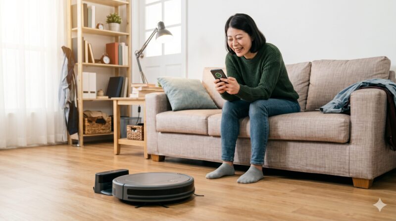 ソファに座ってスマートフォンでロボット掃除機を操作する笑顔の女性。