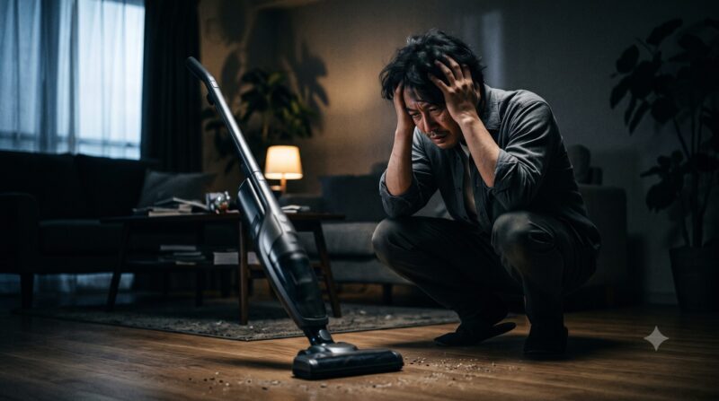 薄暗いリビングでコードレス掃除機を前に頭を抱えて後悔している男性の様子。