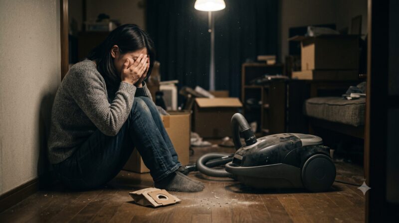 薄暗い部屋でキャニスター掃除機と床に落ちた紙パックを前に頭を抱え、デメリットや使い勝手の悪さに悩み後悔している女性の様子。