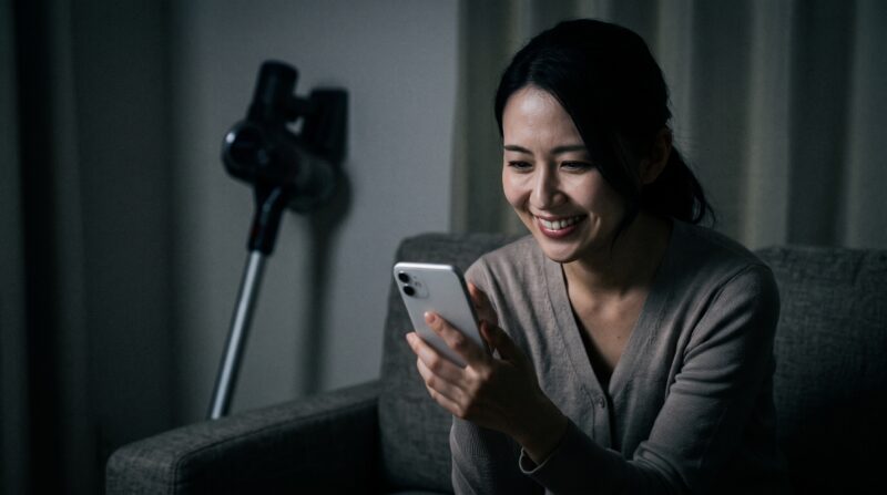暗い室内でソファに座り、スマートフォンを見ながら満面の笑みを浮かべるグレーカーディガンの日本人女性。