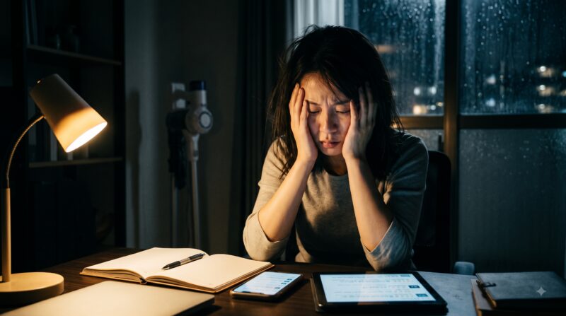 夜、雨の降るデスクで、タブレットとスマホに表示された掃除機の情報を見て、比較検討に悩む女性。