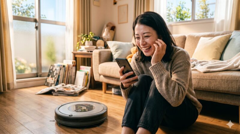明るいリビングでロボット掃除機の良い口コミや評判をスマートフォンで調べて笑顔になる女性