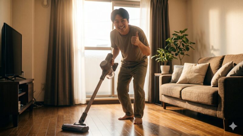 「やっぱりダイソンは良い！」と感動しながら掃除機をかけている男性の様子