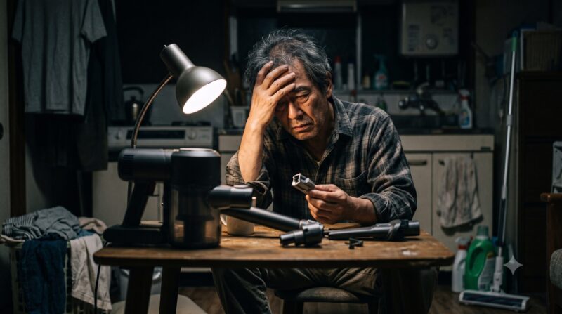 掃除機の不具合やデメリットに直面し、薄暗い部屋で頭を抱えて悩むシニア男性。