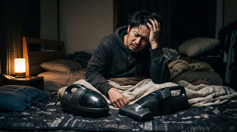 ベッドの上に置かれた2台の布団クリーナーを前にして、どちらを選ぶべきか頭を抱えて悩む男性。