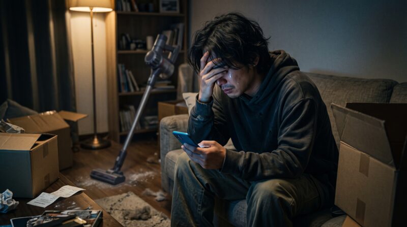 散らかった部屋でゴミと掃除機を前に、