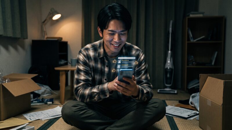 altテキスト: コードレス掃除機「SCD-L4PD」の口コミをスマートフォンで見て、満足げに笑顔を浮かべる男性。